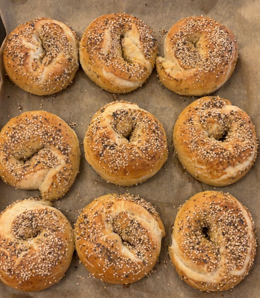 A tray of sourdough bagels